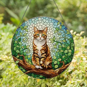 Tabby Cat Tiffany Glass Mosaic Art, Green Eyes, Lush Foliage & Intricate Details Stained Glass Suncatcher
