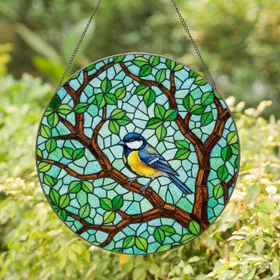Great Tit Bird Stained Glass Tiffany Style - Perched Branch Green Leaves Mosaic Sky Stained Glass Suncatcher