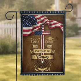 Christian Cross American Flag 1776-2026 God Family Country Motto - USA 250th Anniversary Garden Flag