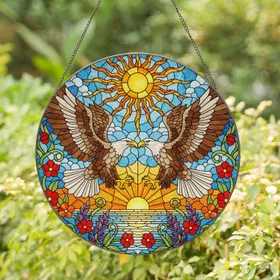 Bald Eagles Soaring Tiffany Stained Glass Art - Sunset Blue Sky & Floral Mosaic Design Stained Glass Suncatcher