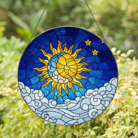 Tiffany Stained Glass Sun Moon Stars Celestial Art - Day Night Fusion Decor Home Gift Stained Glass Suncatcher