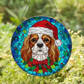 Cavalier King Charles Spaniel Santa Hat Stained Glass Wreath - Christmas Dog Lover Holiday Decor Stained Glass Suncatcher