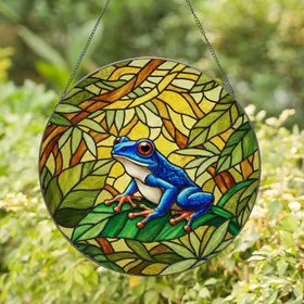 Vibrant Blue Frog Red Eyes Jungle Leaf Stained Glass - Intricate Tiffany Tropical Mosaic Art Stained Glass Suncatcher