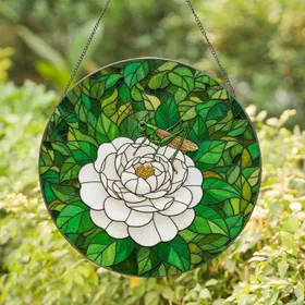 Detailed Green Grasshopper on White Camellia Flower - Tiffany Stained Glass Art Stained Glass Suncatcher