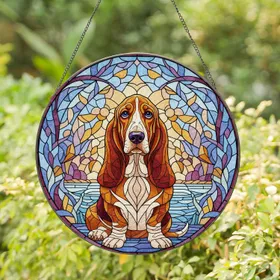 Basset Hound Stained Glass - Tiffany Style Dog Art Mosaic Geometric Detailed Jewel Tones Stained Glass Suncatcher