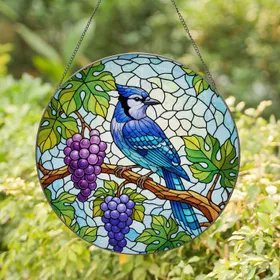 Blue Jay Branch Stained Glass Purple Grapes Vine Leaves Translucent Tiffany Mosaic Stained Glass Suncatcher