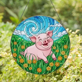 Joyful Pink Pig Tiffany Stained Glass Art Daisies & Lush Green Grass Field Decor Stained Glass Suncatcher