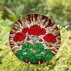 Red Geranium Flowers Stained Glass Mosaic Panel - Floral Botanical Art Home Decor Gift Stained Glass Suncatcher