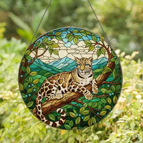 Clouded Leopard Stained Glass Art - Blue Eyes Tiffany Style Mountain Forest Stained Glass Suncatcher