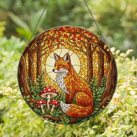Red Fox Stained Glass Art, Detailed Forest Toadstools & Autumn Crescent Moon Decor Gift Stained Glass Suncatcher