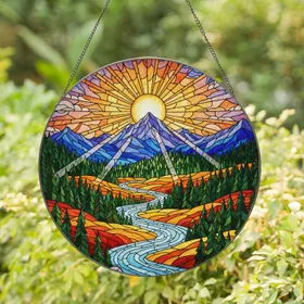 Glowing Sun Mountain River Forest Autumnal Vista - Home Decor Window Gift Stained Glass Suncatcher