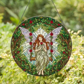 Highly Detailed Fairy Rose Swing Stained Glass Forest - Tiffany Translucent Wings Stained Glass Suncatcher