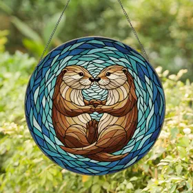 Cuddling River Otters Stained Glass Art - Glowing Tiffany Style Intricate Water Mosaic Stained Glass Suncatcher