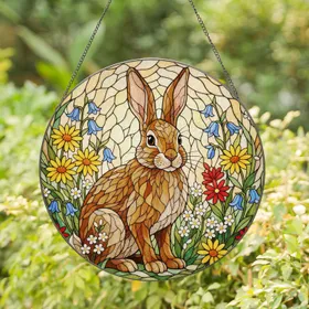 Stained Glass Rabbit Wildflowers Daisy Bellflower Mosaic - Tiffany Style Floral Art Stained Glass Suncatcher