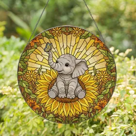 Stained Glass Baby Elephant Butterfly Sunflower Intricate Meadow Scene Glowing Tiffany Stained Glass Suncatcher