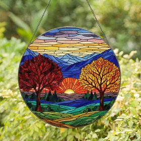 Tiffany Stained Glass Sunset Autumn Trees Mountain Landscape Window Decor Gift Stained Glass Suncatcher