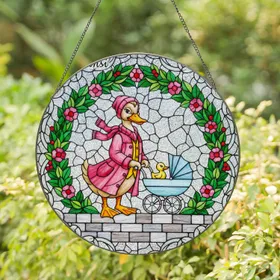 Mother Duck Baby Duckling Stroller Stained Glass Art Jewel Tone Floral Wreath Mosaic Stained Glass Suncatcher