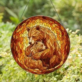 Brown Bear Cub Loving Hug Stained Glass Autumn Foliage - Jewel Tone Nature Family Gift Stained Glass Suncatcher