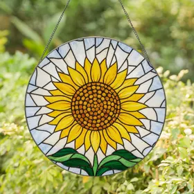 Tiffany Glass Sunflower Seed Head Mosaic - Radiant Petals, Sky, Emerald Green Leaves Stained Glass Suncatcher