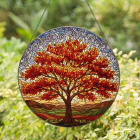 Majestic Autumn Tree Stained Glass Art - Colorful Fall Leaves Tiffany Style Home Decor Gift Stained Glass Suncatcher