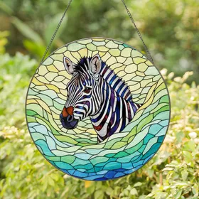Majestic Zebra Head Colorful Stained Glass Art - Tiffany Style Mosaic Abstract Background Stained Glass Suncatcher