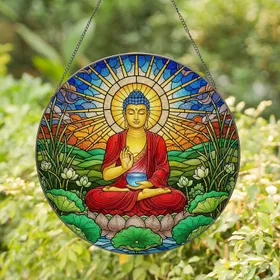 Serene Buddha Lotus Flowers Stained Glass Sunburst - Zen Meditation Spiritual Decor Stained Glass Suncatcher