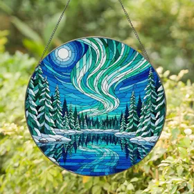 Stained Glass Northern Lights Winter Night Frozen Lake Evergreen Forest Full Moon Artwork Stained Glass Suncatcher