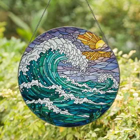 Colossal Ocean Wave Breaking Crest Stained Glass - Stylized Sun Turbulent Sky Mosaic Stained Glass Suncatcher
