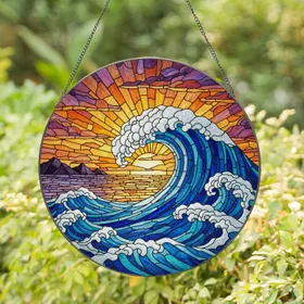 Towering Breaking Ocean Wave Frothy Crest Deep Blue Water Colorful Sunset Sky Tiffany Glass Stained Glass Suncatcher