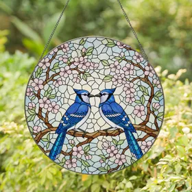 Blue Jays Stained Glass Tiffany Style Flowering Branches Pink Blossoms Mosaic Background Stained Glass Suncatcher