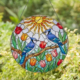 Interacting Blue Jays Tulips Tiffany Style Stained Glass Sun Sky Mosaic Art Decor Stained Glass Suncatcher