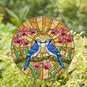 Detailed Blue Jays Orchid Flowers Stained Glass - Intricate Sun Mosaic, Glowing Jewel Tones Stained Glass Suncatcher
