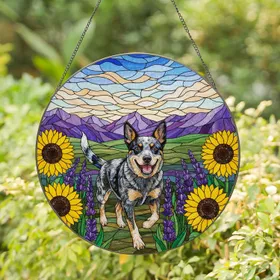 Joyful Blue Heeler Dog Running Sunflowers Lavender Mountains Stained Glass Art Stained Glass Suncatcher