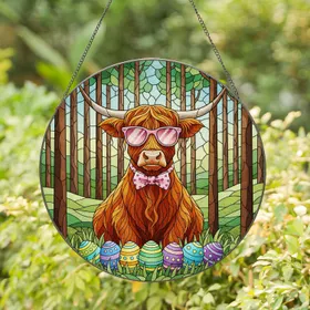 Highland Cow Pink Sunglasses Polka-Dot Bow Tie Easter Eggs Tiffany Stained Glass Forest Stained Glass Suncatcher