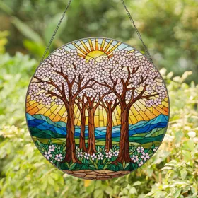 Tiffany Style Cherry Blossom Tree Stained Glass Mountain Landscape Sun Rays Home Decor Stained Glass Suncatcher