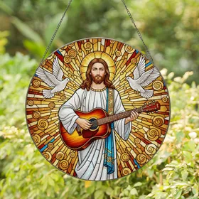 Jesus Christ Playing Guitar Stained Glass Doves Sunburst Radiant Christian Home Decor Stained Glass Suncatcher