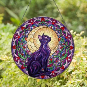 Black Cat Crescent Moon Stained Glass Mandala - Jewel Tone Celestial Floral Geometric Stained Glass Suncatcher
