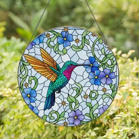 Vibrant Hummingbird Stained Glass Mosaic with Blue Purple Flowers - Tiffany Art Nature Gift Stained Glass Suncatcher