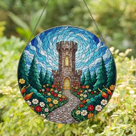 Glowing Castle Tower Stained Glass Art - Medieval Forest Path & Swirling Sky Window Art Stained Glass Suncatcher
