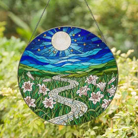 Stained Glass Tiffany Lilies Full Moon Golden Stars Deep Blue Sky Nocturnal Landscape Stained Glass Suncatcher