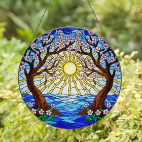Gnarled Trees Pink Blossoms Radiant Sun Water Waves Tiffany Stained Glass Art Mosaic Stained Glass Suncatcher