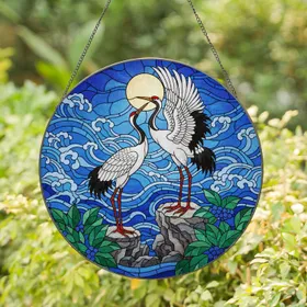 Cranes Full Moon Stained Glass - Intricate Bird Mosaic with Deep Blue Waves & Green Foliage Stained Glass Suncatcher