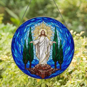 Jesus Christ Stained Glass Cypress Trees - Radiant Sunburst Halo Faith Decor Gift Stained Glass Suncatcher