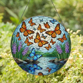 Orange Monarch Butterflies Water Scene Hyacinth Flowers Stained Glass Tiffany Art Stained Glass Suncatcher