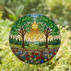 Tiffany Style Stained Glass Two Trees Sun Landscape Wildflower Hills Intricate Art Stained Glass Suncatcher