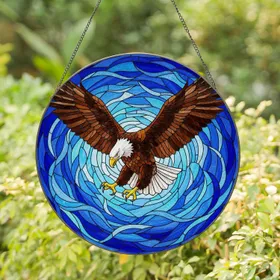 Bald Eagle Stained Glass Mosaic - Tiffany Style Rippling Waves Deep Blue Golden Yellow Stained Glass Suncatcher
