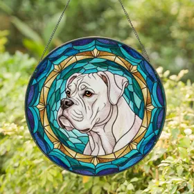 White Boxer Dog Stained Glass - Tiffany Style Iridescent Mosaic Art Gold Halo Dark Lead Lines Stained Glass Suncatcher