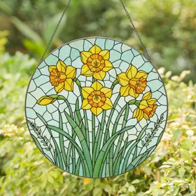 Tiffany Style Stained Glass Yellow Daffodil Mosaic Art - Intricate Jewel Tone Window Decor Stained Glass Suncatcher