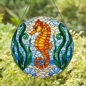 Detailed Seahorse Stained Glass - Underwater Mosaic with Aquatic Plants & Marine Art Stained Glass Suncatcher