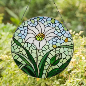 Large White Flower with Green Bud & Leaves - Tiffany Style Stained Glass Mosaic Art Dappled Sky Stained Glass Suncatcher
